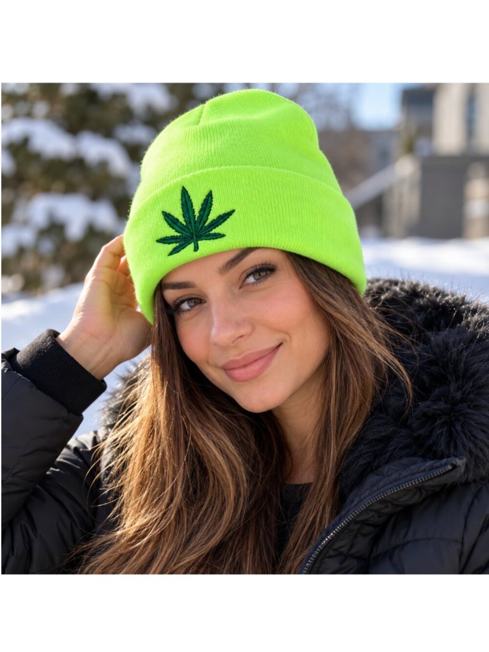 Women's Neon Lime Cannabis Leaf Beanie Hat Faux Fur Lined Warm Winter Skull Cap